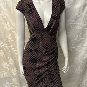 Mystic Brown Bodycon Mini Dress with Plunge Neckline and Flutter Sleeves